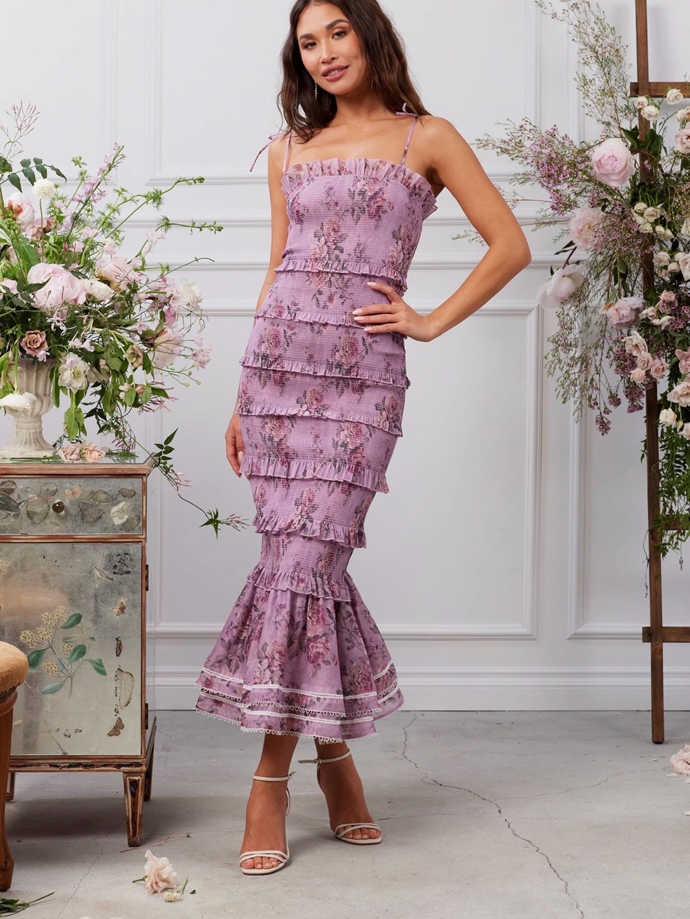 V. Chapman Dusty Rose Floral Ruffle Dress NET Size 6